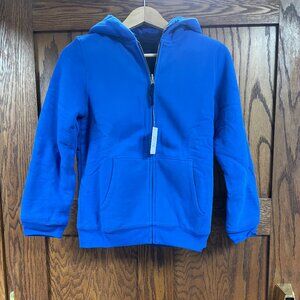 Lands' End Reversible Sherpa Fleece Hoodie, Cobalt Blue/Buffalo Check, NWT